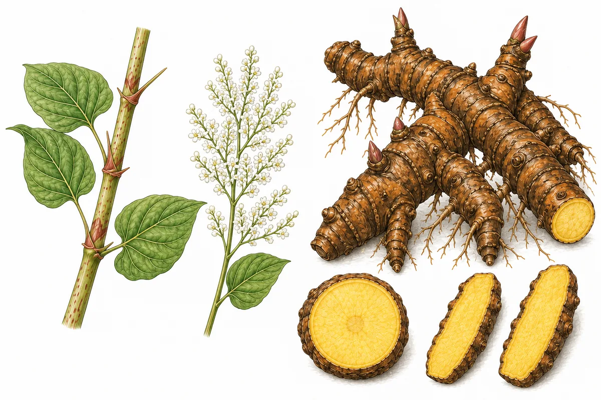 Botanical illustration of Japanese knotweed flowering stem, leaves, rhizome, and cut rhizome